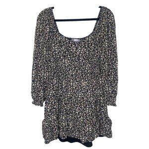 SO Size L Floral Long-Sleeve Mini Dress With Scoop Neck & Smocked Waist Peasant